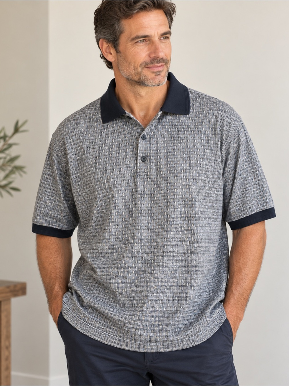 Axis LA Men’s XL Geometric Print Polo Shirt Gray Navy 100% Cotton